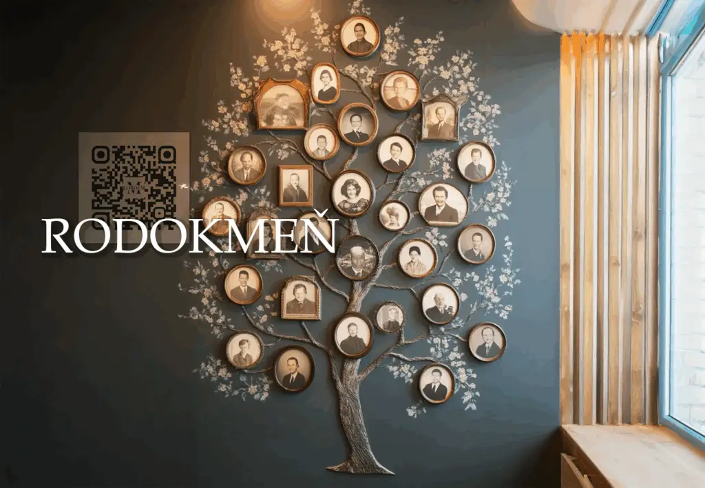 Rodokmeň s fotografiami predkov a QR kód Lordem Memories na jeho odhalenie histórie rodiny
