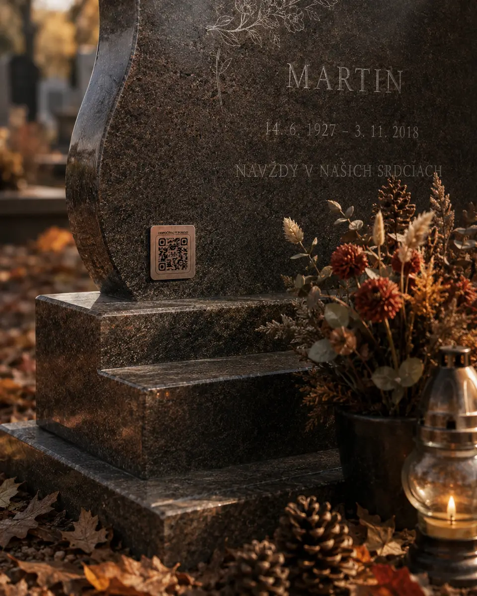 Náhrobný kameň s QR kódom a suchou kvetinovou väzbou Krátka poznámka: Vidím tam ukážkové mená ako "Ján Novák", "Štefan Kováčič", "Marta Kováčová" — to sú bežné fiktívne slovenské mená na demo produktoch, nič sporné, netreba to riešiť. Skús mi poslať ten posledný slider, čo spomínaš, a potom prejdeme k zhrnutiu tejto session.