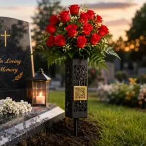 Červené ruže s QR kódom a nápisom In Loving Memory