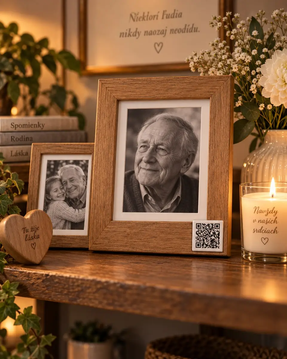 QR kód Memories Ceramic na drevenom rámiku s fotografiou doma