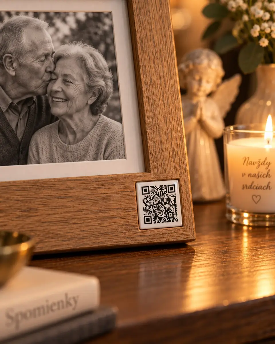 Detail keramického QR kódu Memories Ceramic zapusteného v rámiku fotografie