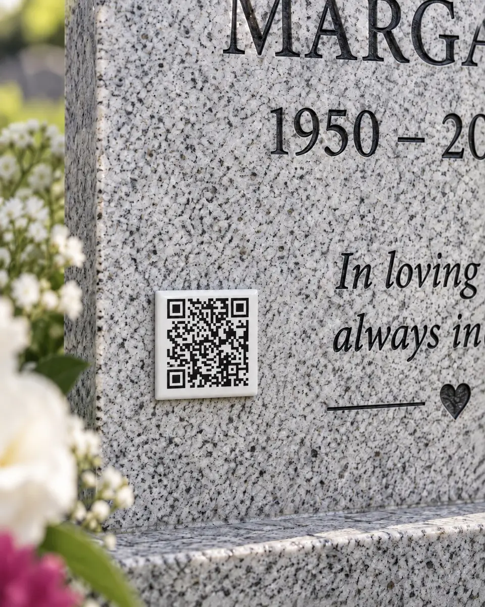 QR kód Memories Ceramic na svetlom žulovom náhrobku
