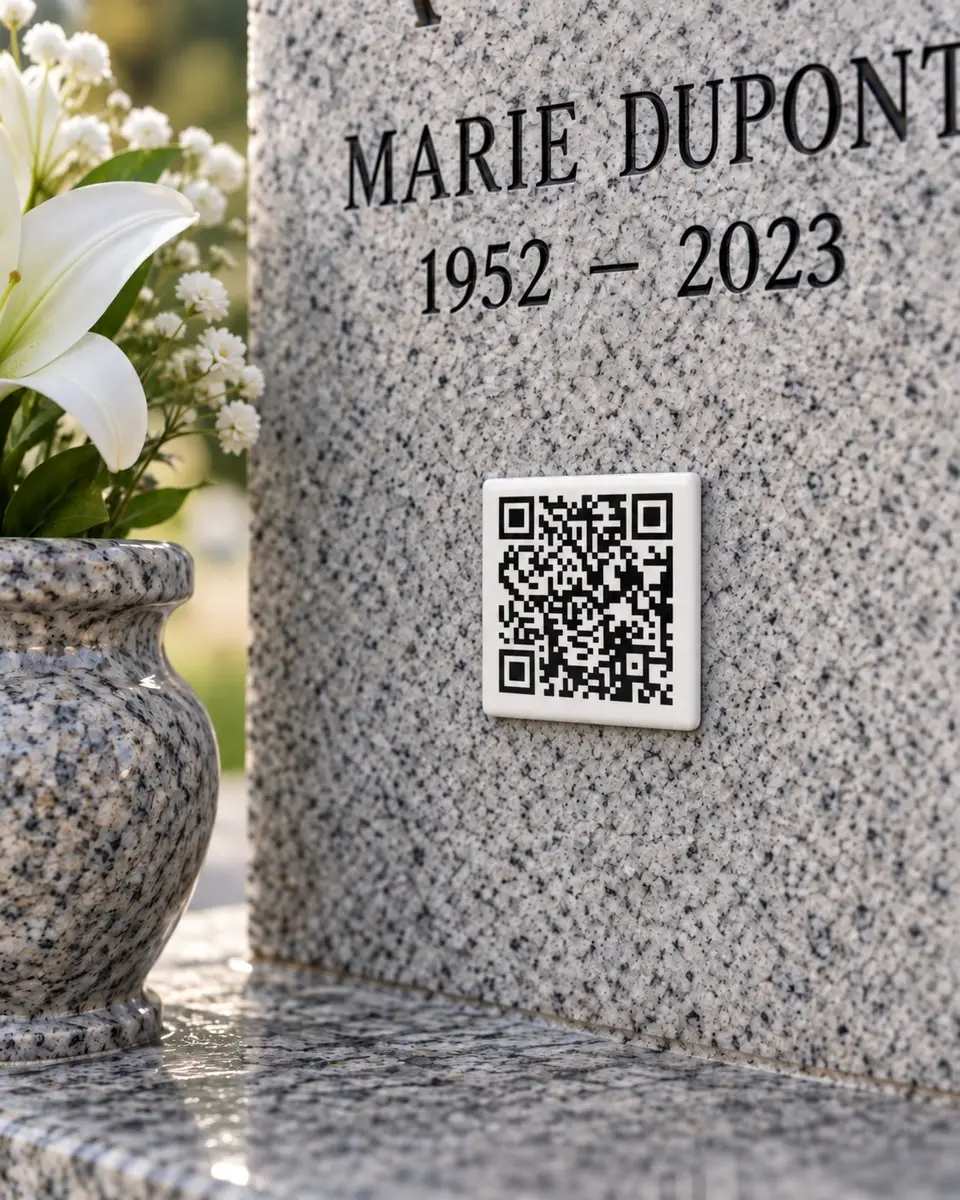 QR kód Memories Ceramic na sivom žulovom náhrobku s kvetmi
