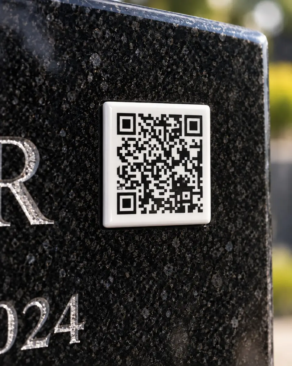 Detail QR kódu Memories Ceramic na čiernom žulovom náhrobku