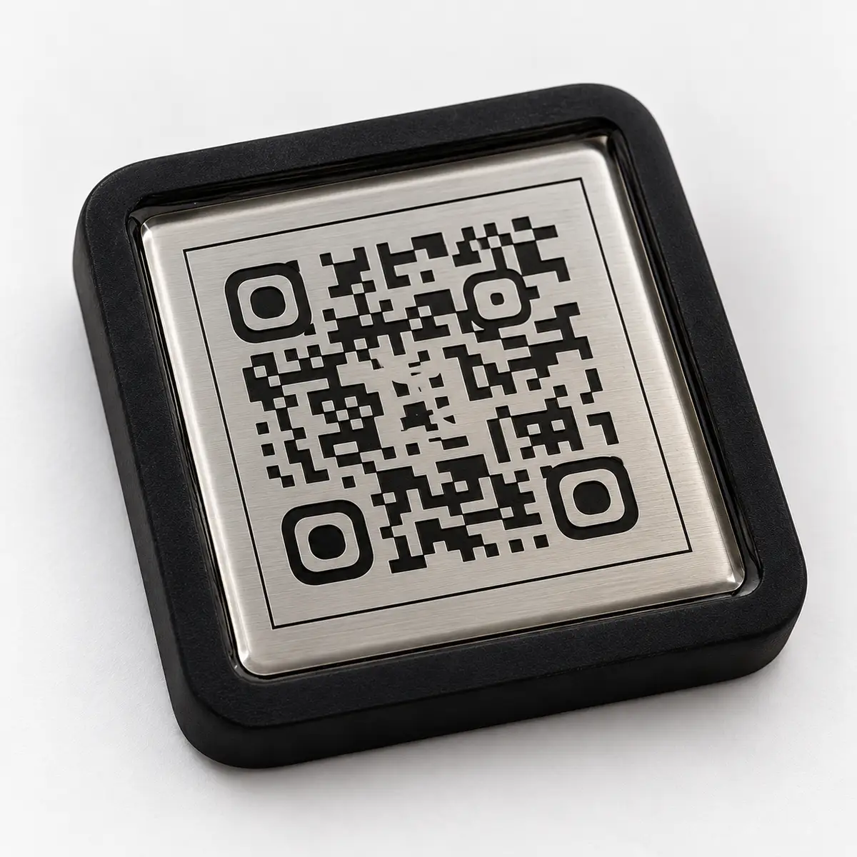Memories Onyx – strieborná QR platnička zaliata epoxidovou živicou, pohľad zo šikma