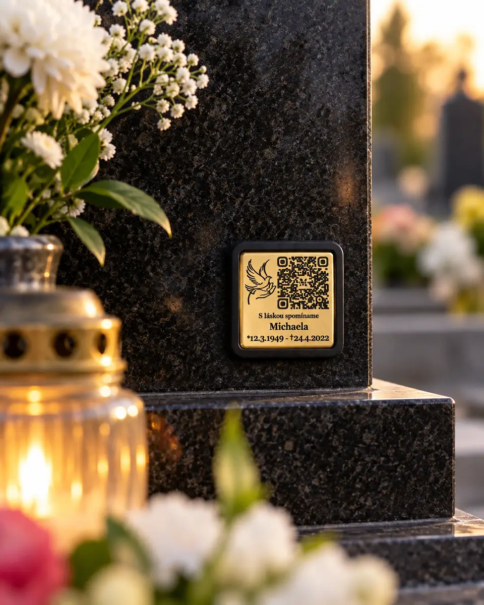 Memories Onyx – detail QR platničky na čiernej žule pri kahanci