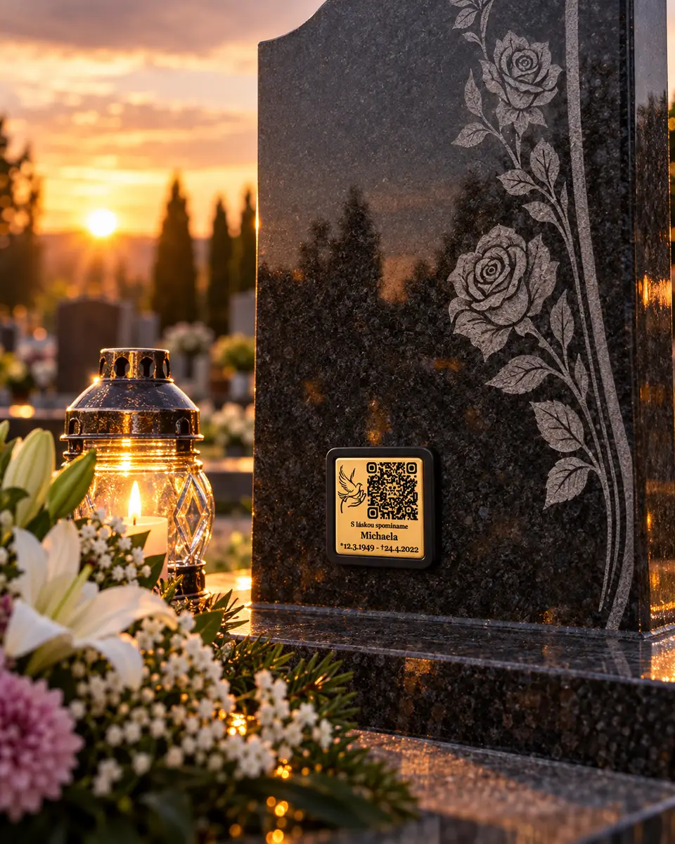 Memories Onyx na čiernom žulovom náhrobku s gravírovanými ružami pri západe slnka