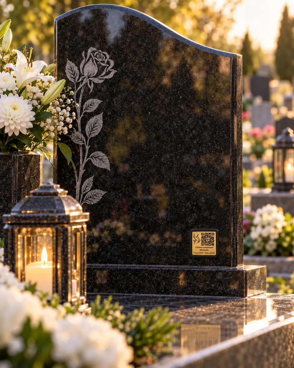 Memories Onyx na čiernom žulovom pomníku s ružou